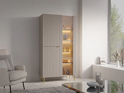 Vitrinskåp 3 dörrar med LEDs - Beige och guld - YESINIA