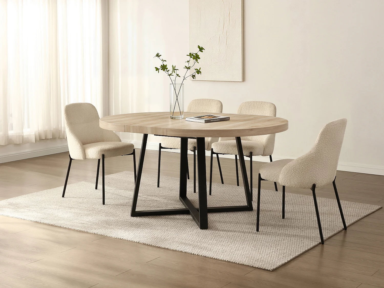 Table à manger extensible 4 à 6 personnes en MDF et métal - Naturel clair et noir - ILONINA