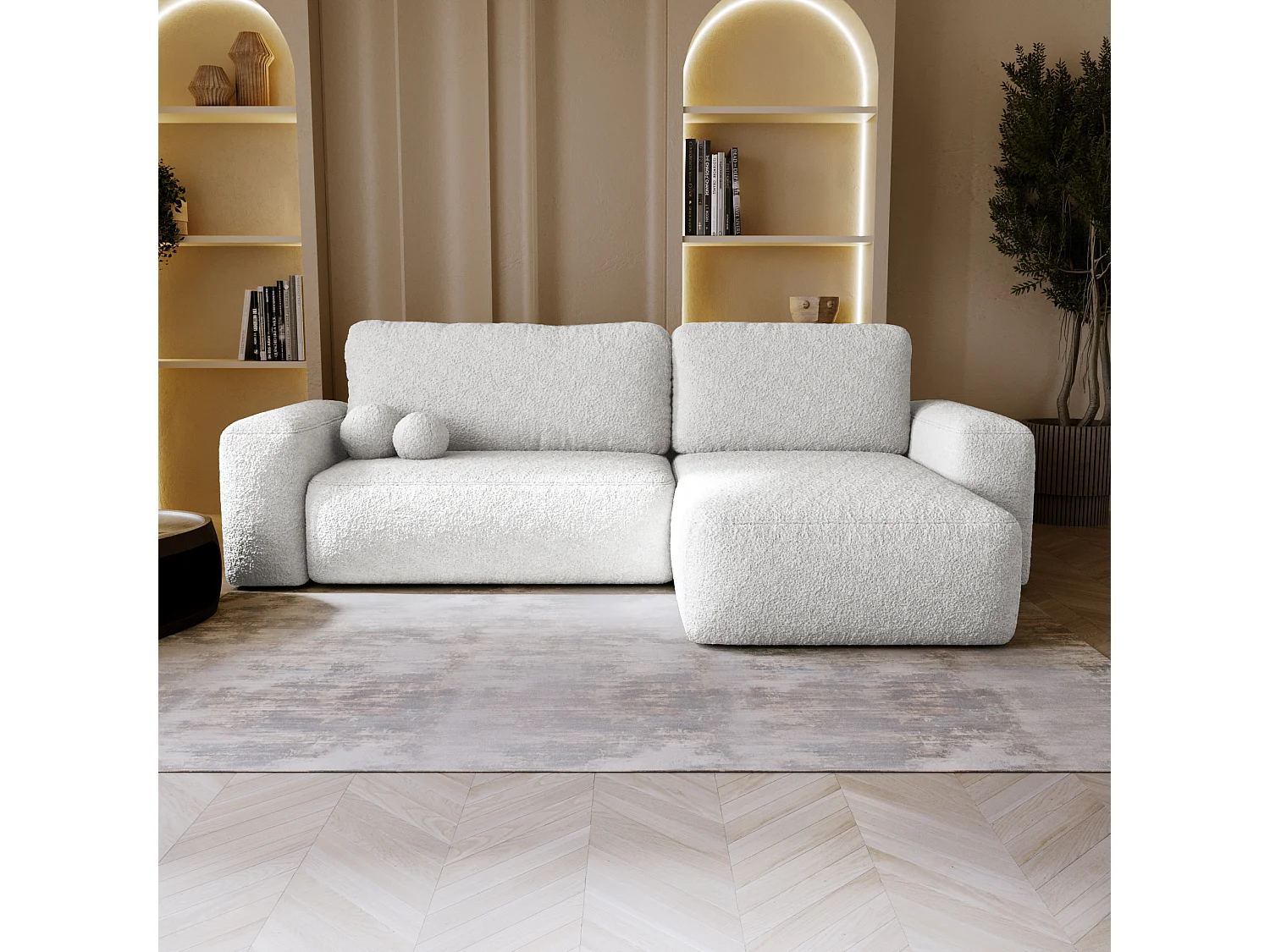 BESILIO Ausziehbare rechte Ecksofa Ornello L – runde Kissen, Schlaffunktion, Boucle-Chaiselongue – Weiß