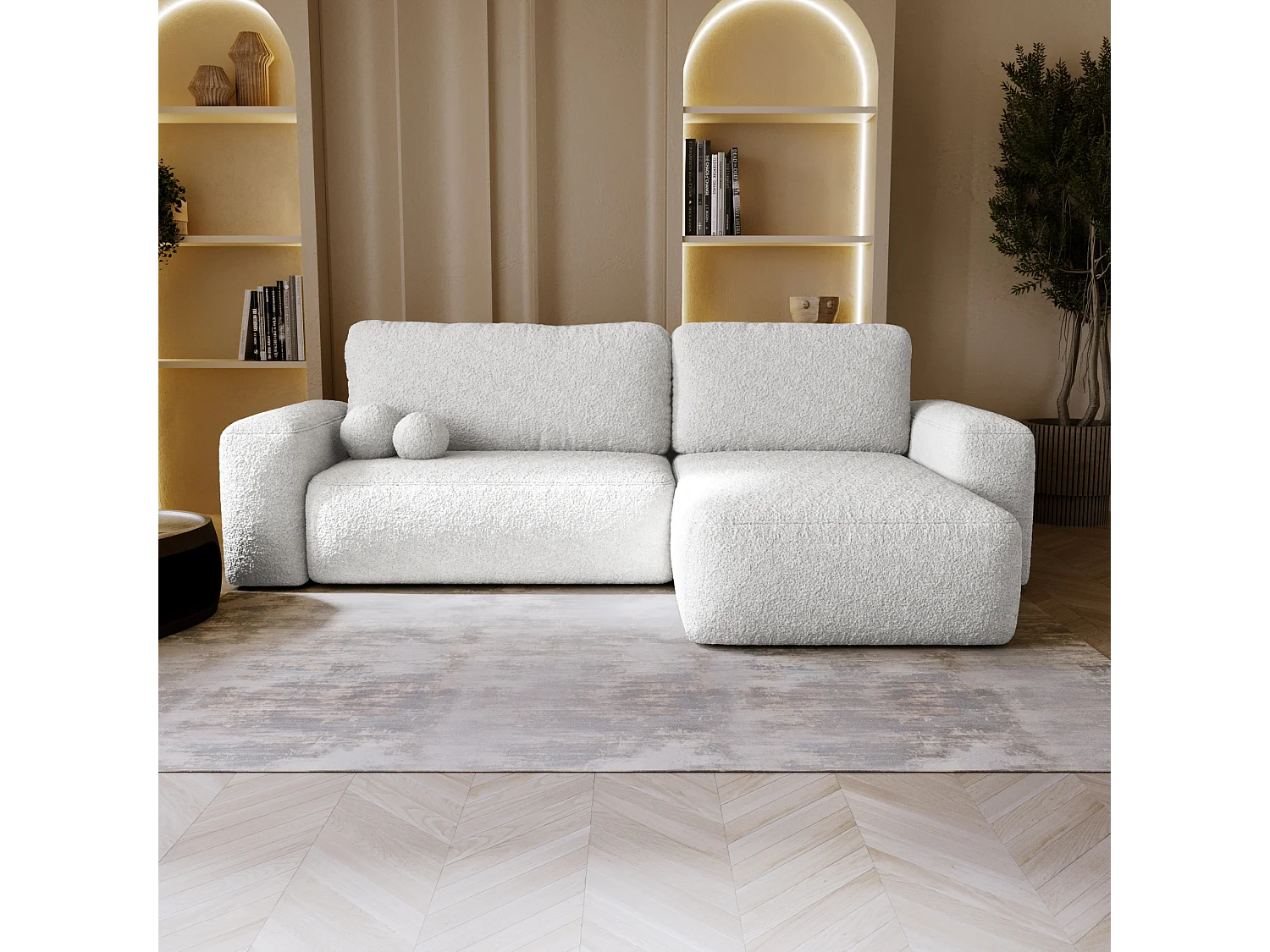 BESILIO Canapé d’angle droit convertible Ornello L – coussins ronds, fonction lit, méridienne en tissu bouclé – Blanc