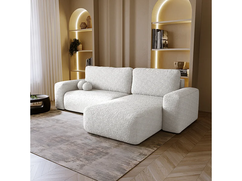BESILIO Canapé d’angle droit convertible Ornello L – coussins ronds, fonction lit, méridienne en tissu bouclé – Blanc
