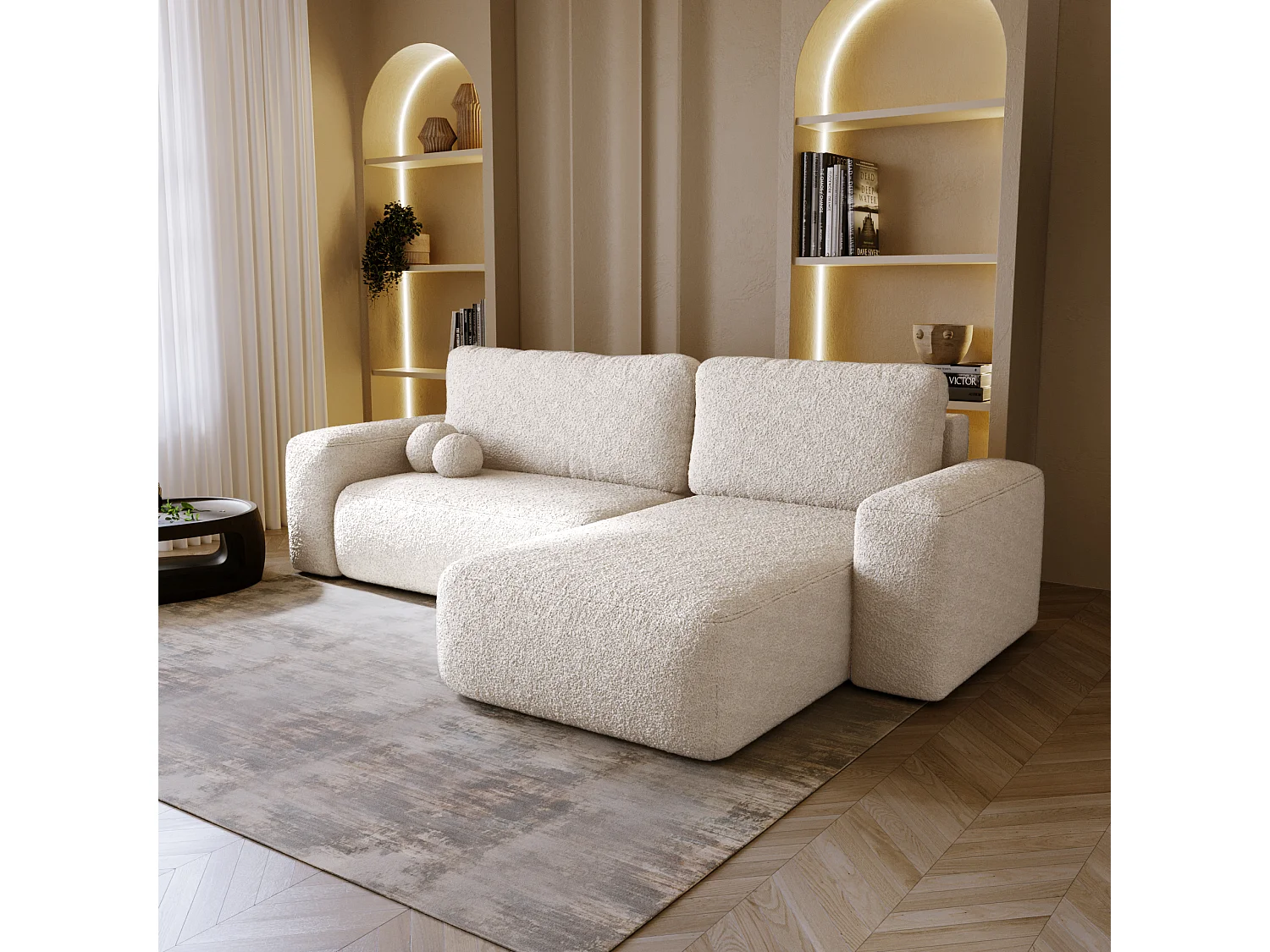 BESILIO Canapé d’angle droit convertible Ornello L – coussins ronds, fonction lit, méridienne en tissu bouclé – Beige