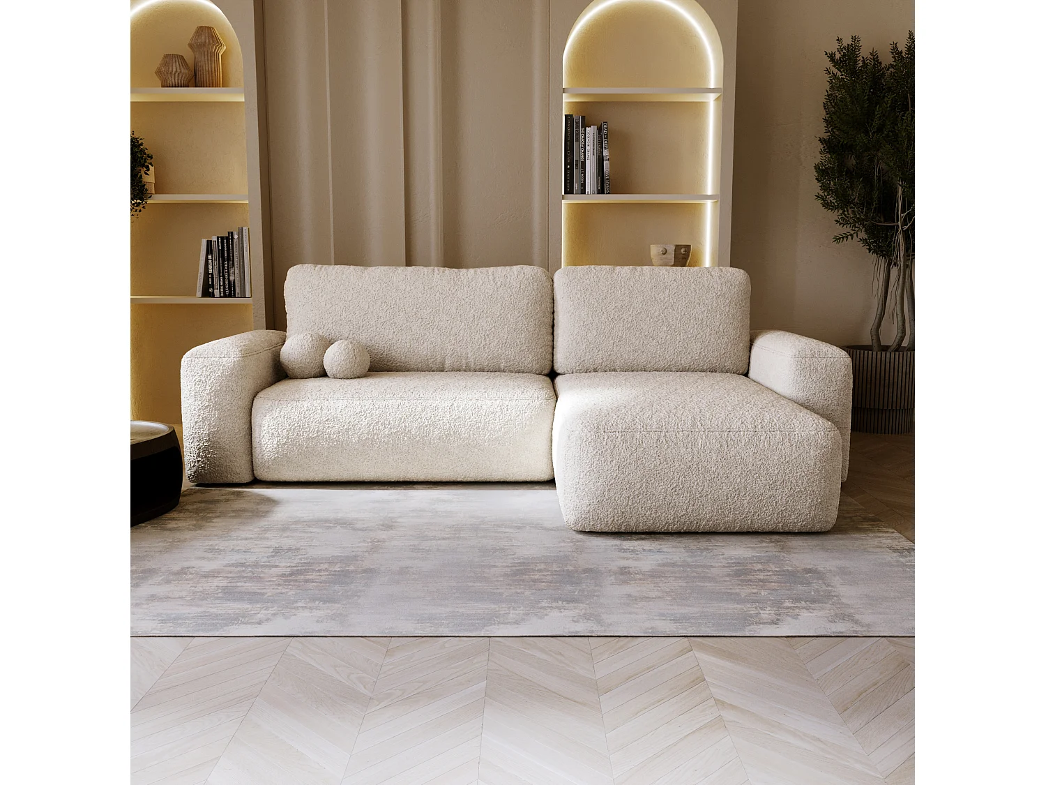 BESILIO Canapé d’angle droit convertible Ornello L – coussins ronds, fonction lit, méridienne en tissu bouclé – Beige