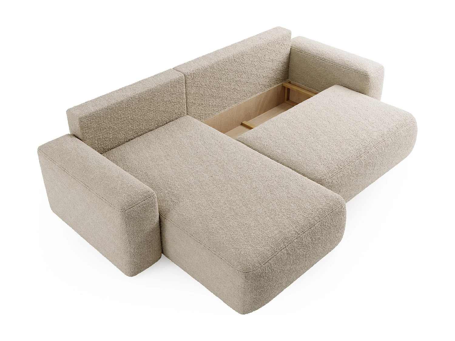 BESILIO Canapé d’angle droit convertible Ornello L – coussins ronds, fonction lit, méridienne en tissu bouclé – Beige