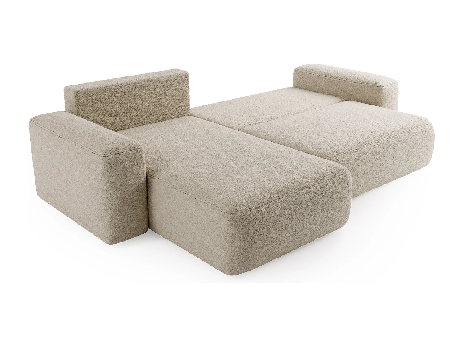 BESILIO Canapé d’angle droit convertible Ornello L – coussins ronds, fonction lit, méridienne en tissu bouclé – Beige