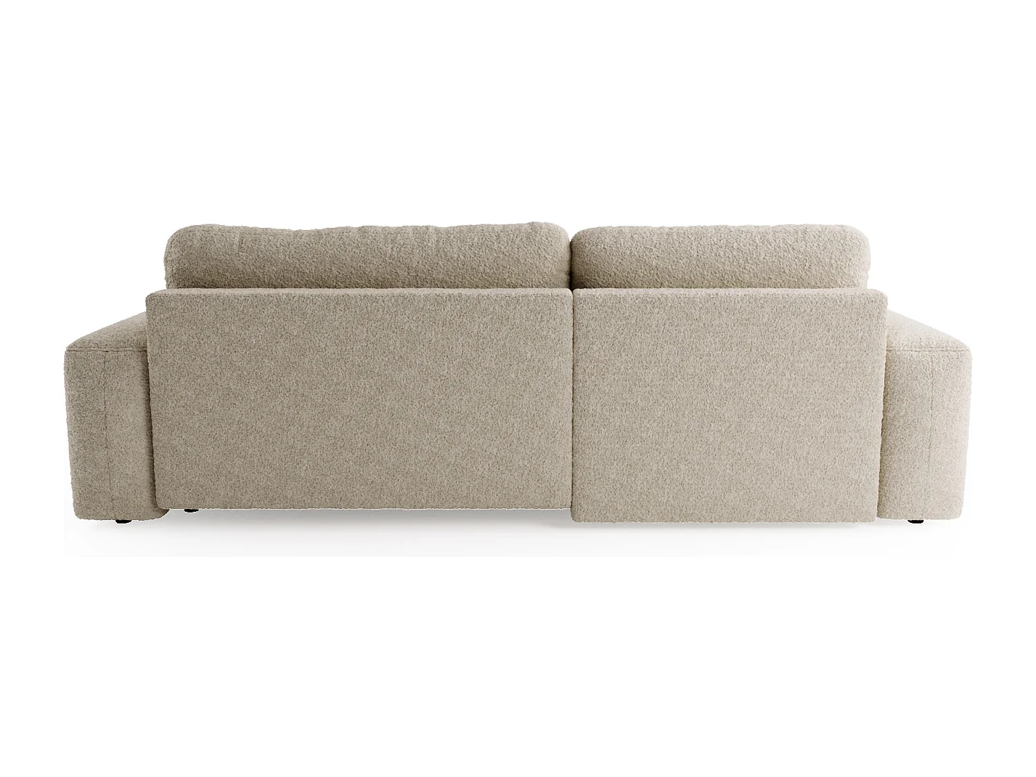 BESILIO Canapé d’angle droit convertible Ornello L – coussins ronds, fonction lit, méridienne en tissu bouclé – Beige