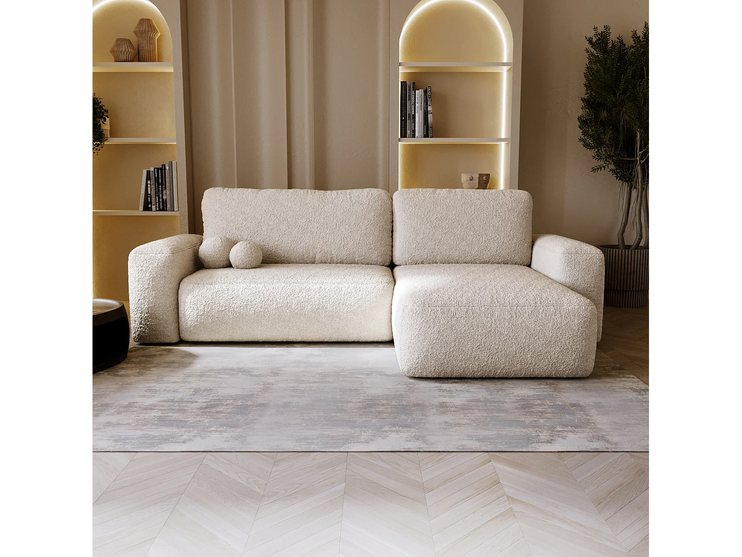 BESILIO Canapé d’angle droit convertible Ornello L – coussins ronds, fonction lit, méridienne en tissu bouclé – Beige