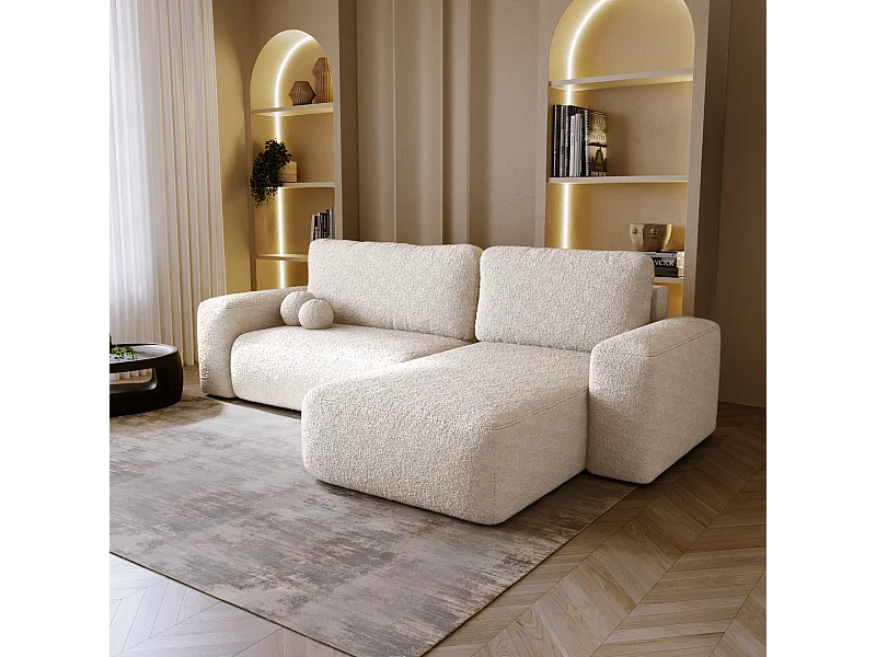 BESILIO Narożnik prawostronny rozkładany Ornello L- okrągłe poduszki, z funkcją spania, szezlong w boucle - Beżowy