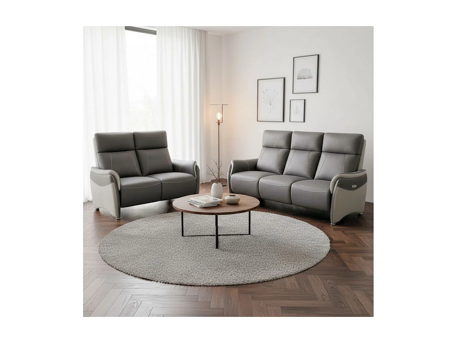 Ensemble canapé relax électrique 3 places + canapé fixe 2 places tissu micro grain gris - SANGY