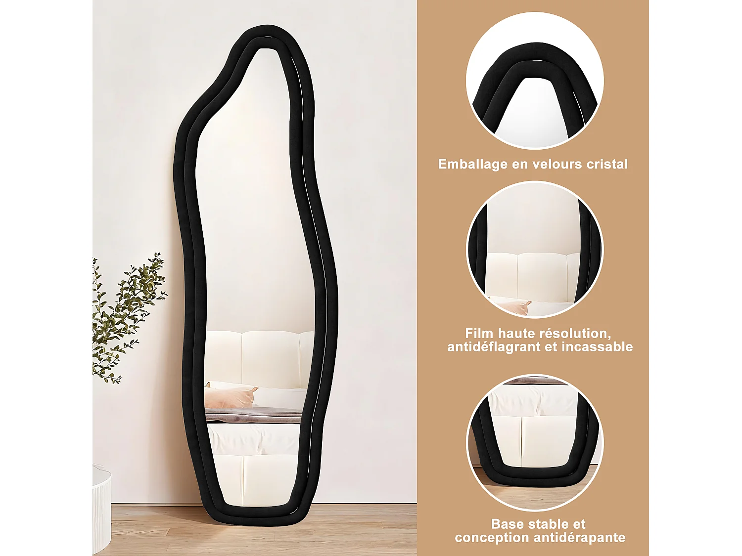 Unregelmäßiger Spiegel 160×50 cm mit Samtrahmen – Modernes Design, HD-Sicherheitsglas – Schwarz