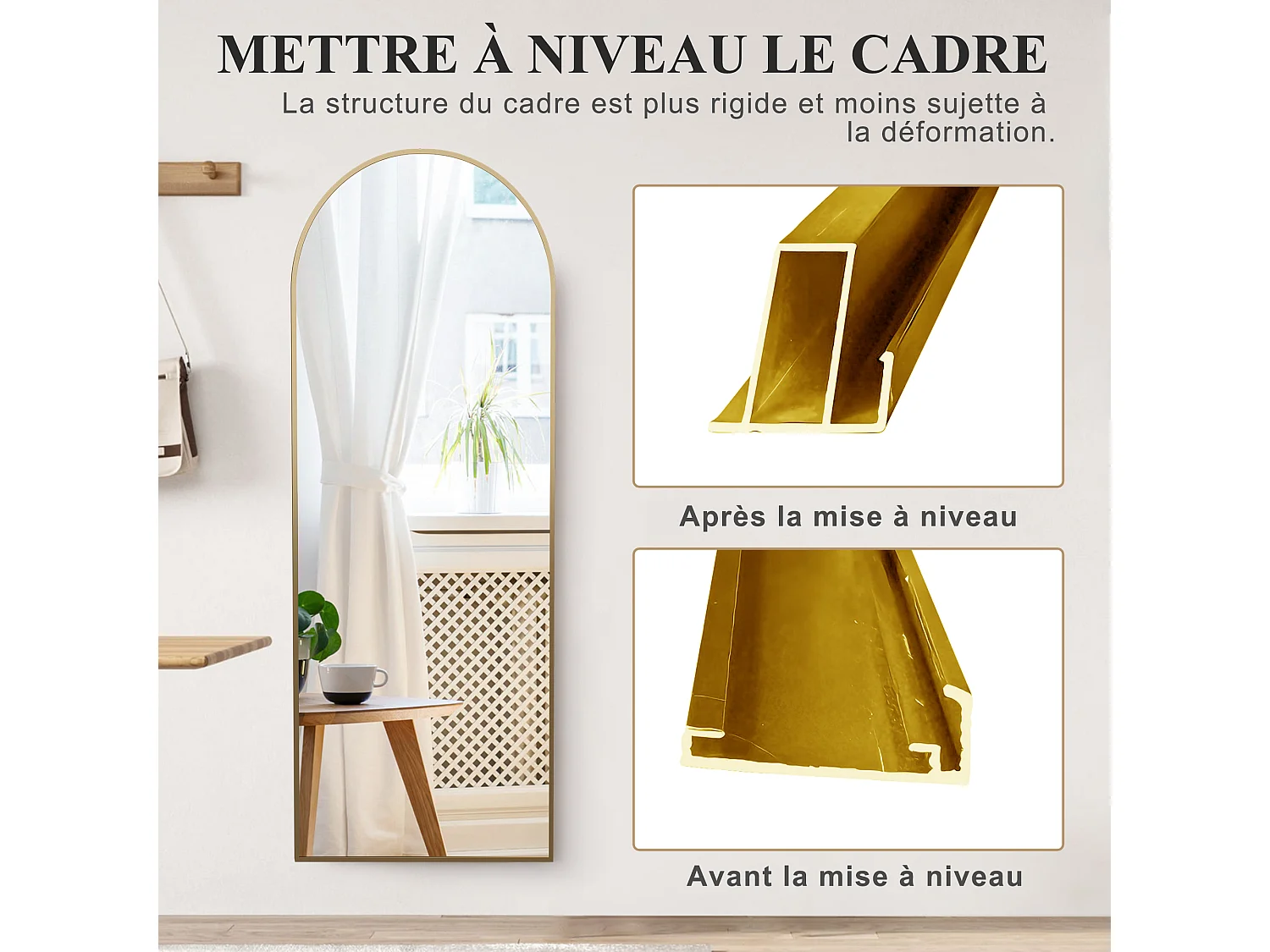 Miroir debout arqué 174×63 cm avec cadre Doré – Design élégant et vintage, polyvalent (accrocher ou poser)