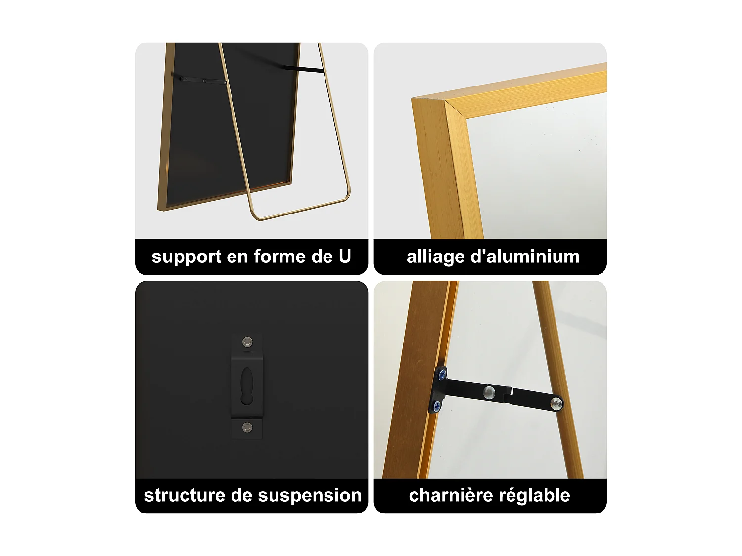 Miroir debout rectangulaire 164×54 cm avec cadre Doré – Design minimaliste et moderne