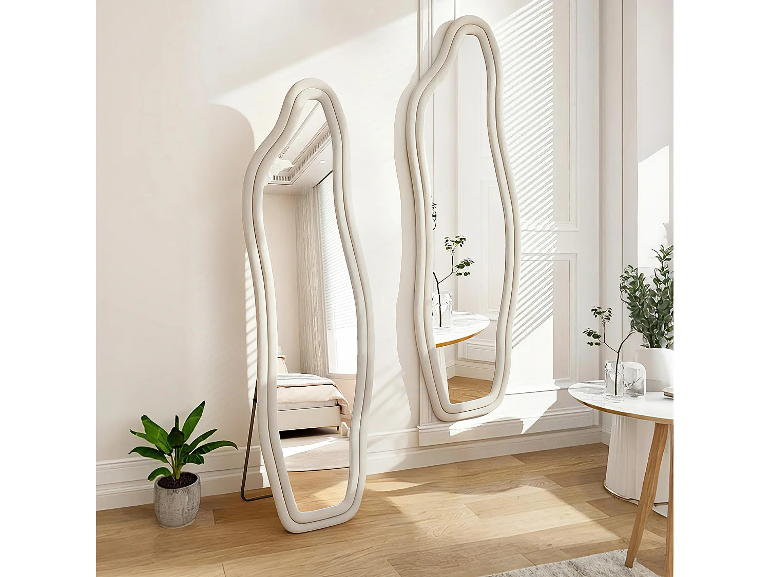 Miroir irrégulier 140×45 cm avec cadre en velours blanc – Design moderne, verre trempé HD