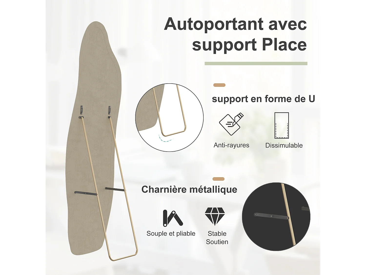 Miroir irrégulier 140×45 cm avec cadre en velours blanc – Design moderne, verre trempé HD