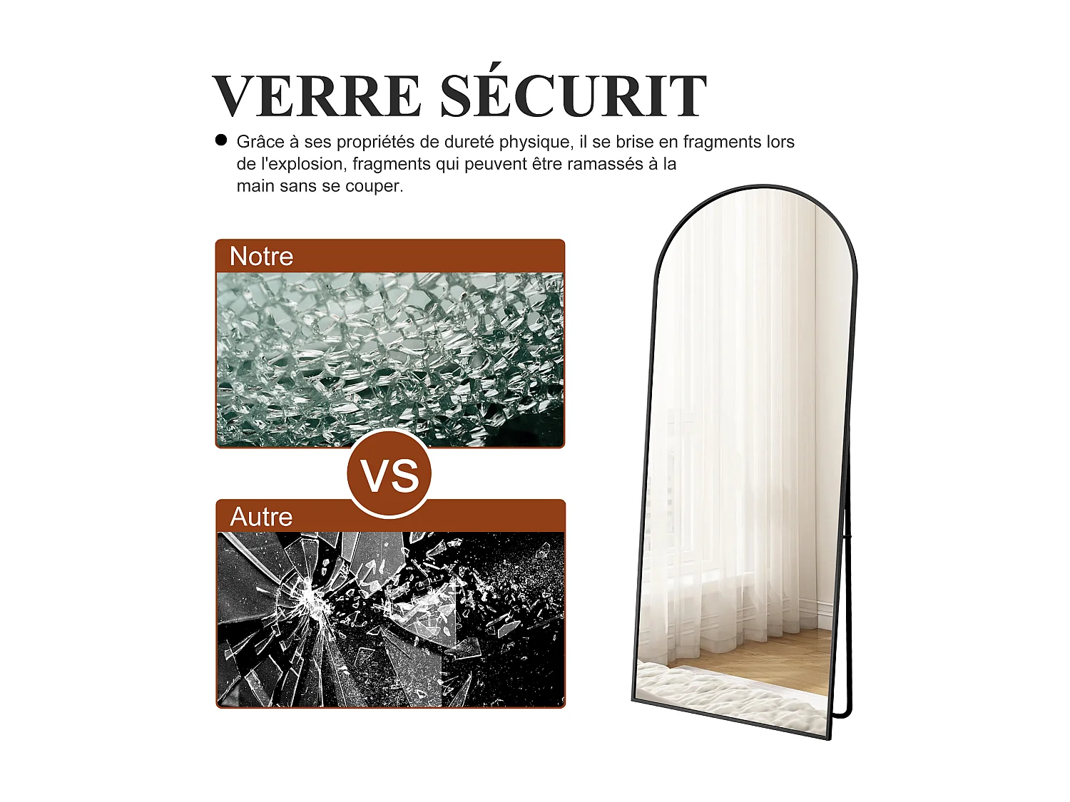 Miroir debout arqué 174×63 cm avec cadre noir – Design élégant et vintage, polyvalent (accrocher ou poser)