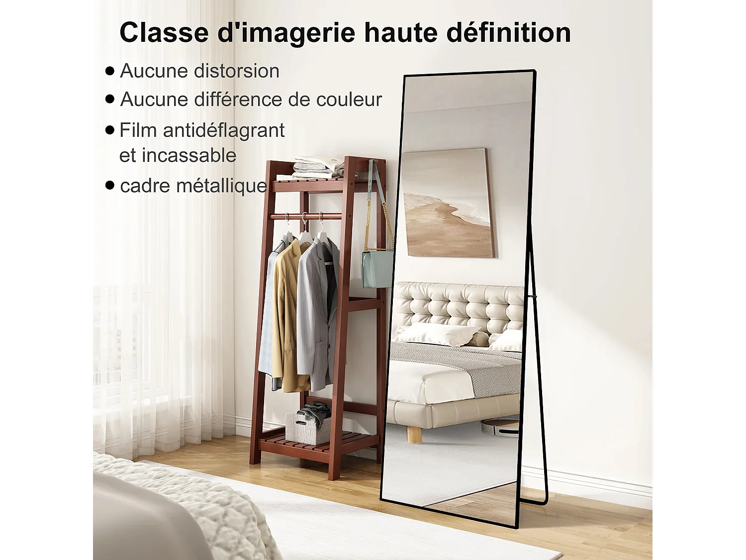 Miroir debout rectangulaire 174×63 cm avec cadre noir – Design minimaliste et moderne
