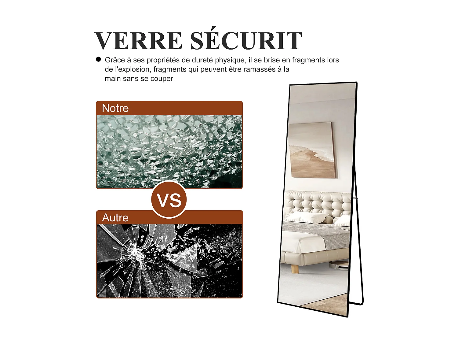 Miroir debout rectangulaire 174×63 cm avec cadre noir – Design minimaliste et moderne