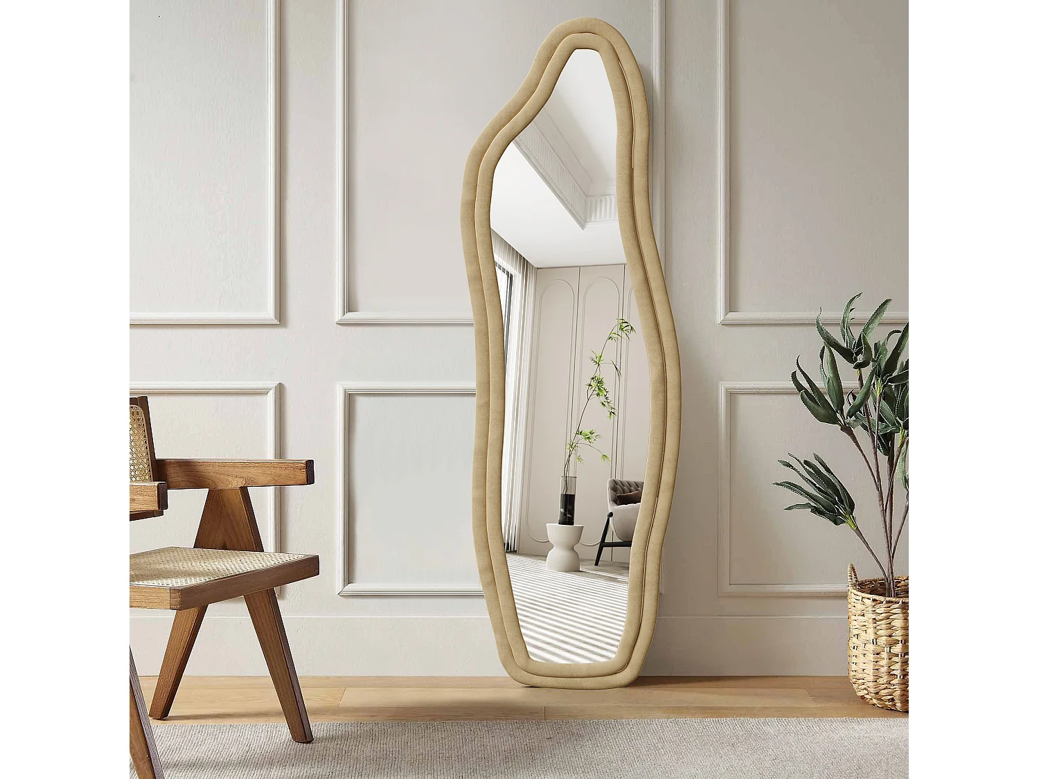 Miroir irrégulier 160×50 cm avec cadre en velours doré – Design moderne, verre trempé HD