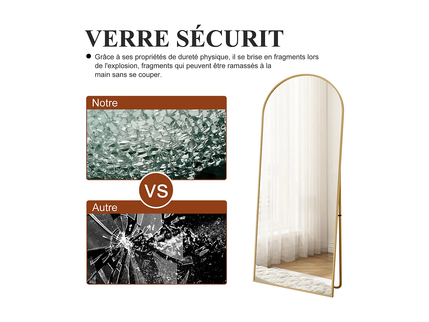 Miroir debout arqué 164×54 cm avec cadre Doré – Design élégant et vintage, polyvalent (accrocher ou poser)