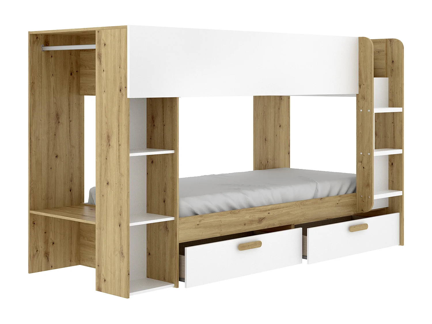 Lits superposés 2 x 90 x 200 cm avec rangements et penderie - Blanc et naturel + Matelas - OSANA