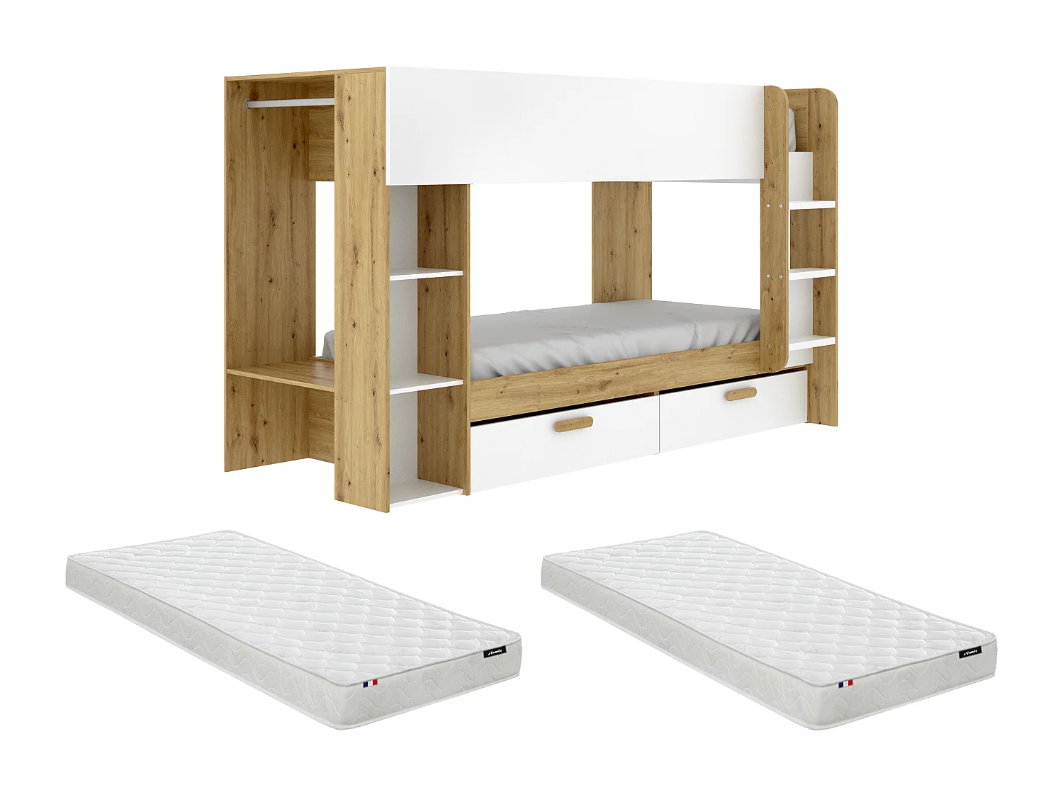 Lits superposés 2 x 90 x 200 cm avec rangements et penderie - Blanc et naturel + Matelas - OSANA
