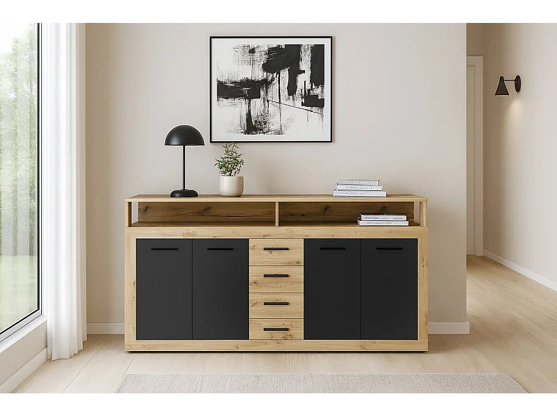 Commode Luna XXL 4P4T chêne artisan / noir