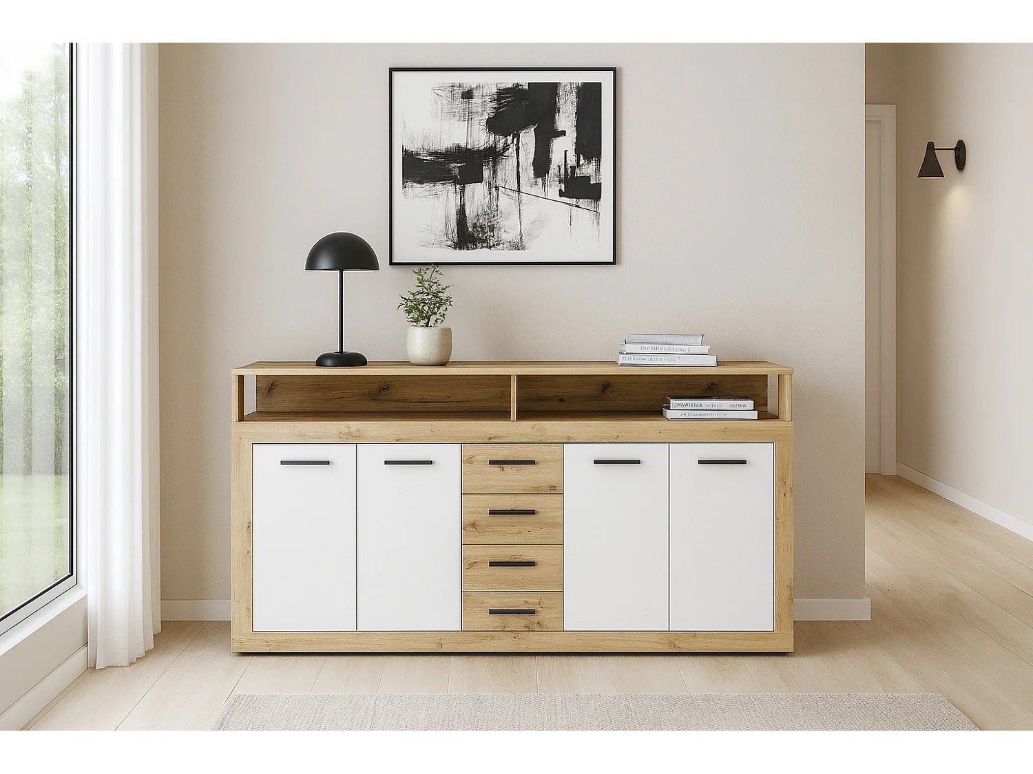Commode Luna XXL 4P4T chêne artisan / blanc