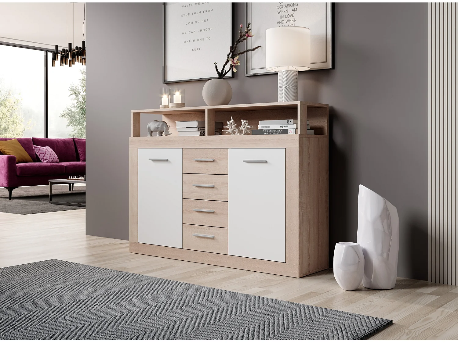 Commode Luna Midi B 2P4T chêne sonoma / blanc