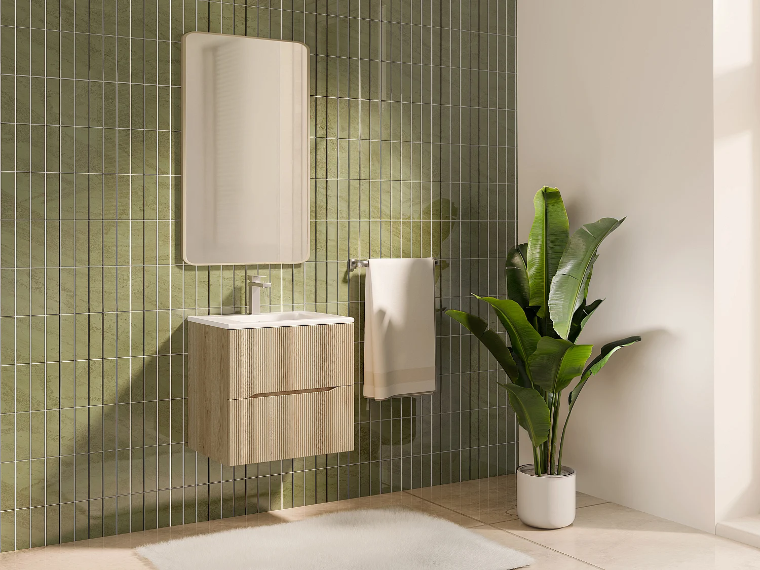 Meuble de salle de bain suspendu strié avec vasque à encastrer - Naturel clair - 60 cm - ORISO