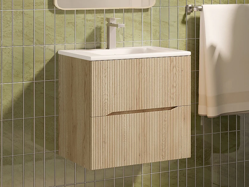 Hängender Bad-Unterschrank mit Einbauwaschbecken – gerillt – Hell-Natur – L60 cm – ORISO