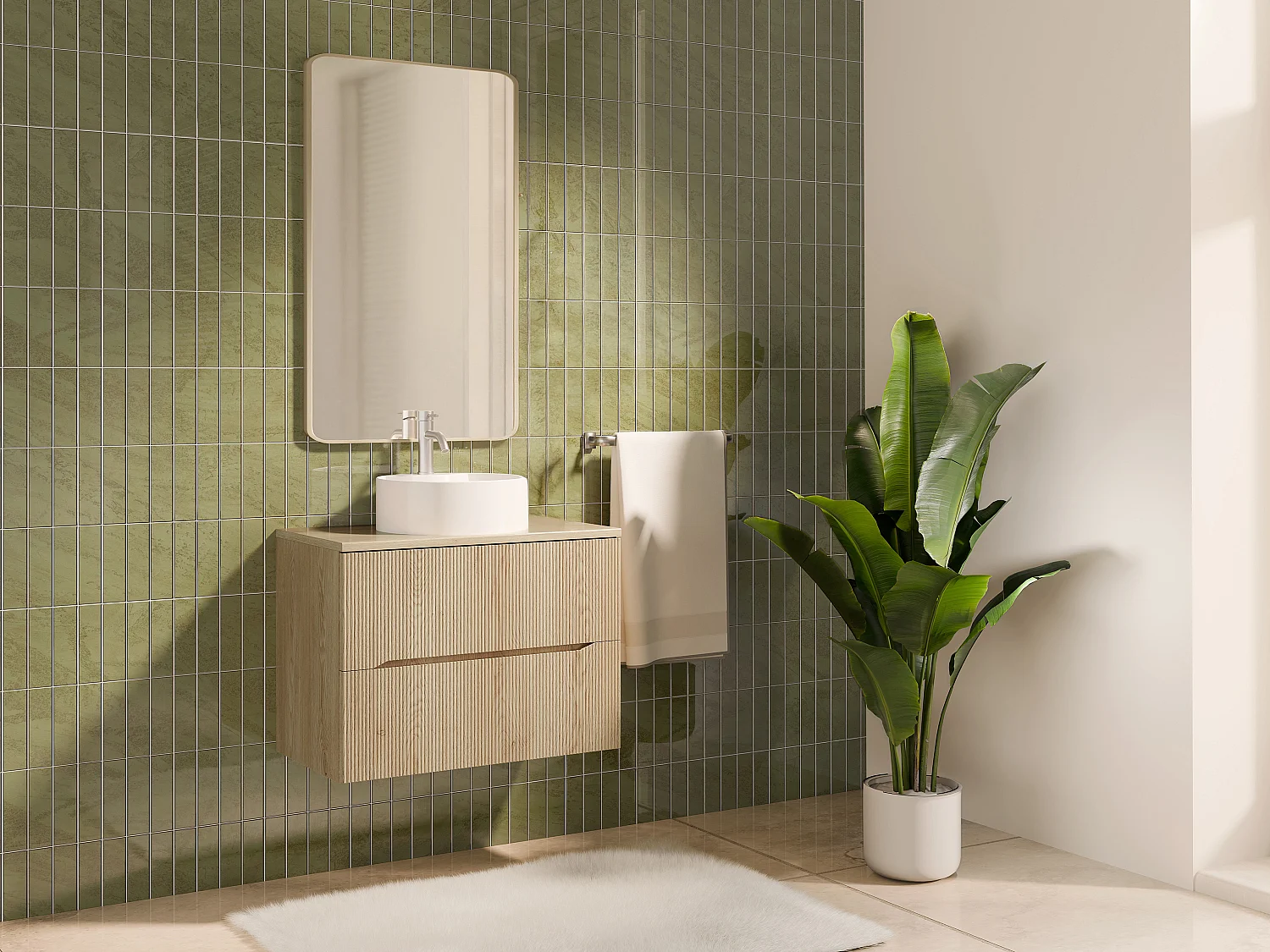 Meuble sous vasque suspendu strié avec planche - Naturel clair - 80 cm - ORISO