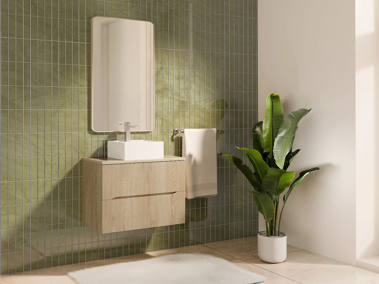 Meuble de salle de bain suspendu strié avec vasque à poser carrée - Naturel clair - 80 cm - ORISO