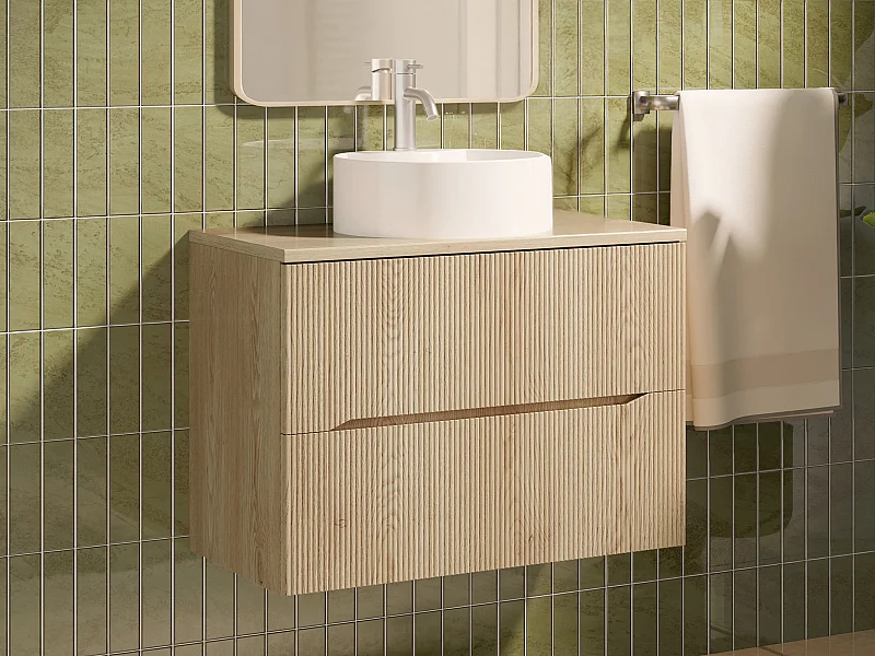 Meuble de salle de bain suspendu strié avec vasque à poser ronde - Naturel clair - 80 cm - ORISO