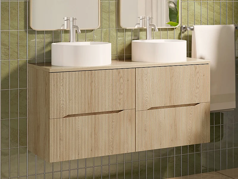 Meuble de salle de bain suspendu strié avec vasque à poser ronde - Naturel clair - 120 cm - ORISO