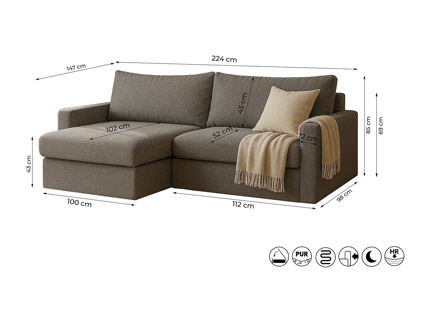 Uniwersalny narożnik Faro Mini z funkcją spania, do salonu, Poso cappuccino