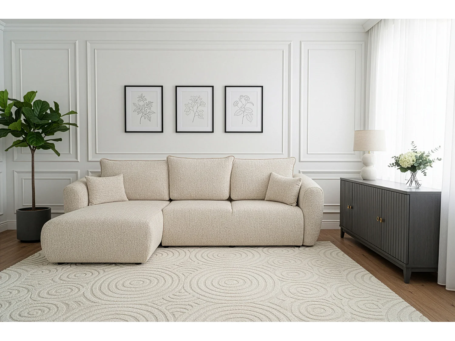 Uniwersalny narożnik Flora z funkcją spania, do salonu, tkanina Bella, ecru