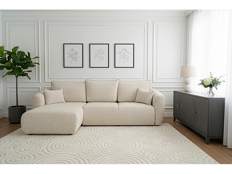 Uniwersalny narożnik Flora z funkcją spania, do salonu, tkanina Bella, ecru