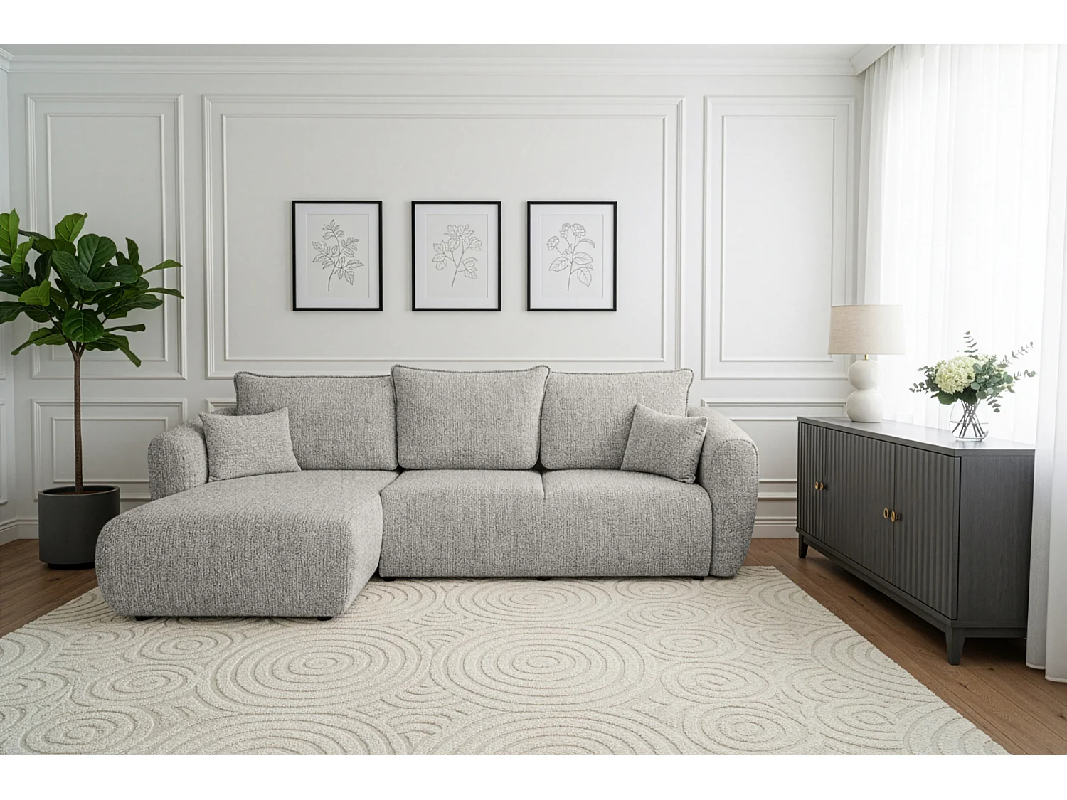 Uniwersalny narożnik Flora z funkcją spania, do salonu, Bella, szary