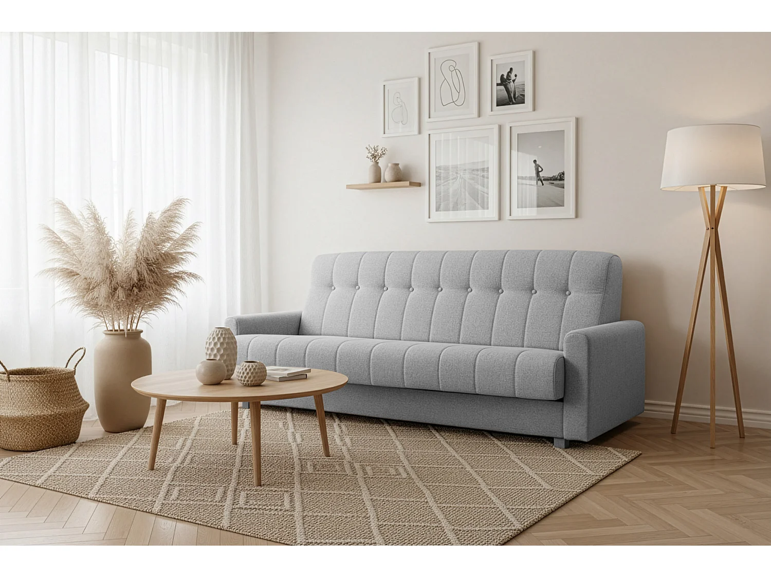 Wersalka Herbi z funkcją spania, do salonu, tkanina Herbi, jasnoszary