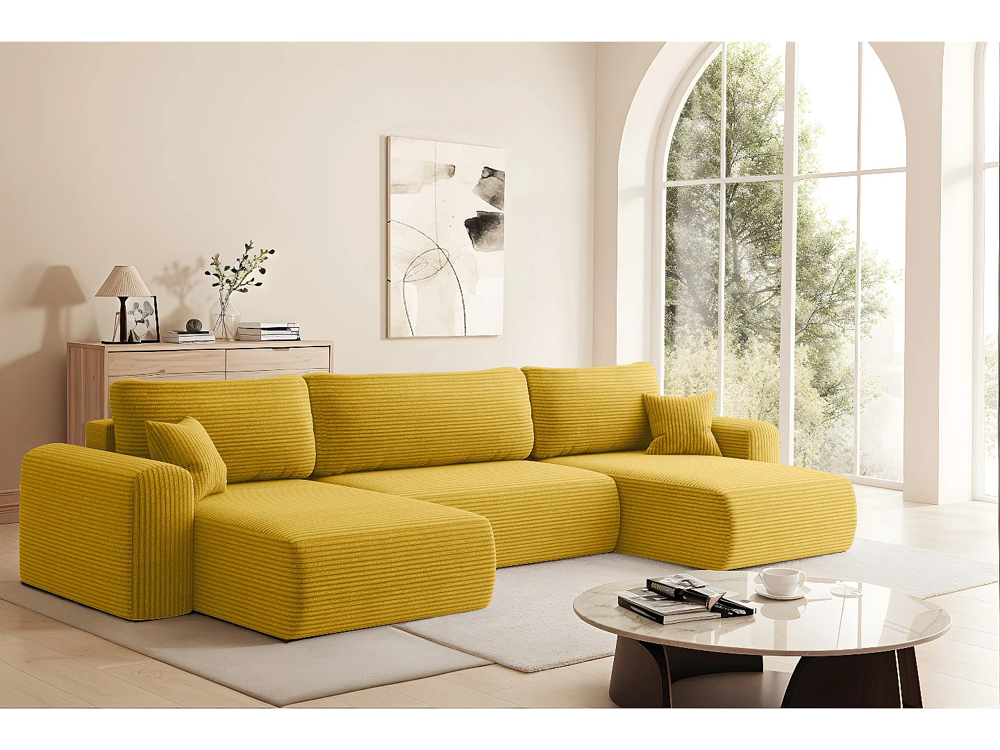 Sofa narożnik CAPRI U z funkcją spania, do salonu, miodowy