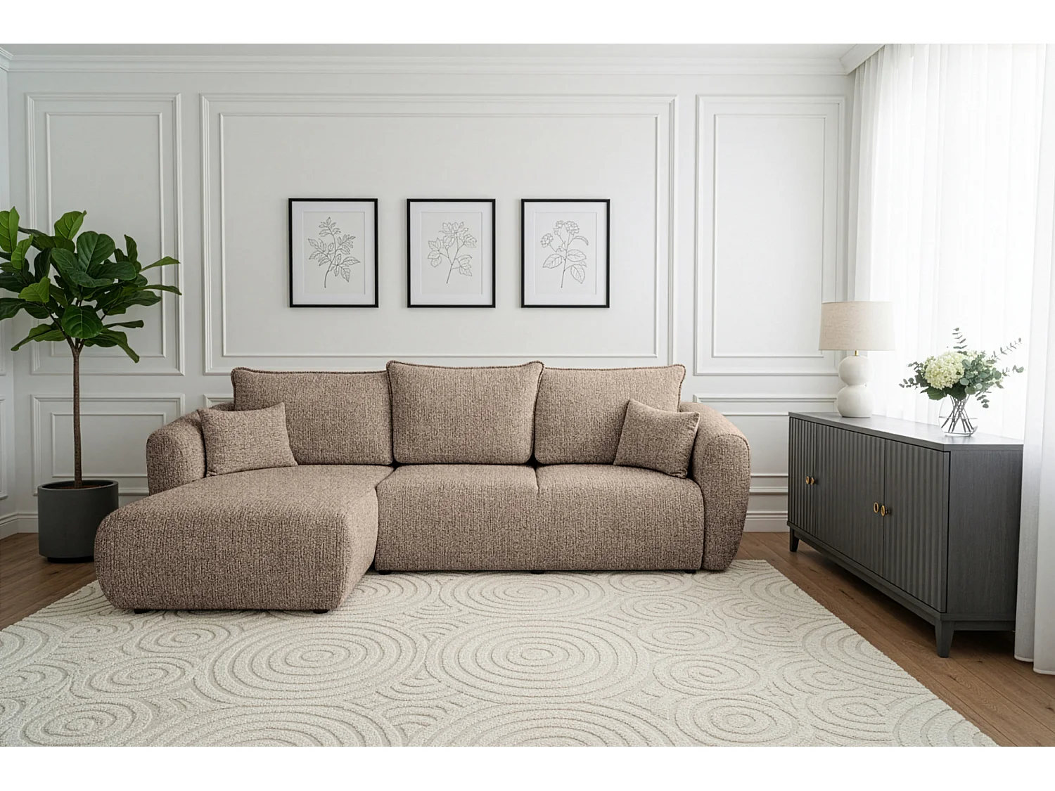 Uniwersalny narożnik Flora z funkcją spania, do salonu, Bella, ciemnobeżowy