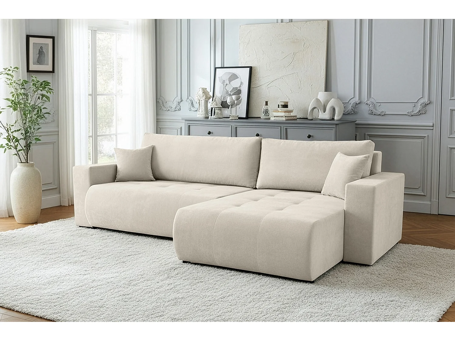 Uniwersalny narożnik do salonu Kora - tkanina Wind, kremowy