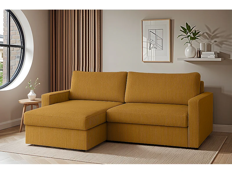 Uniwersalny narożnik Faro Mini z funkcją spania, do salonu, Poso, musztarda