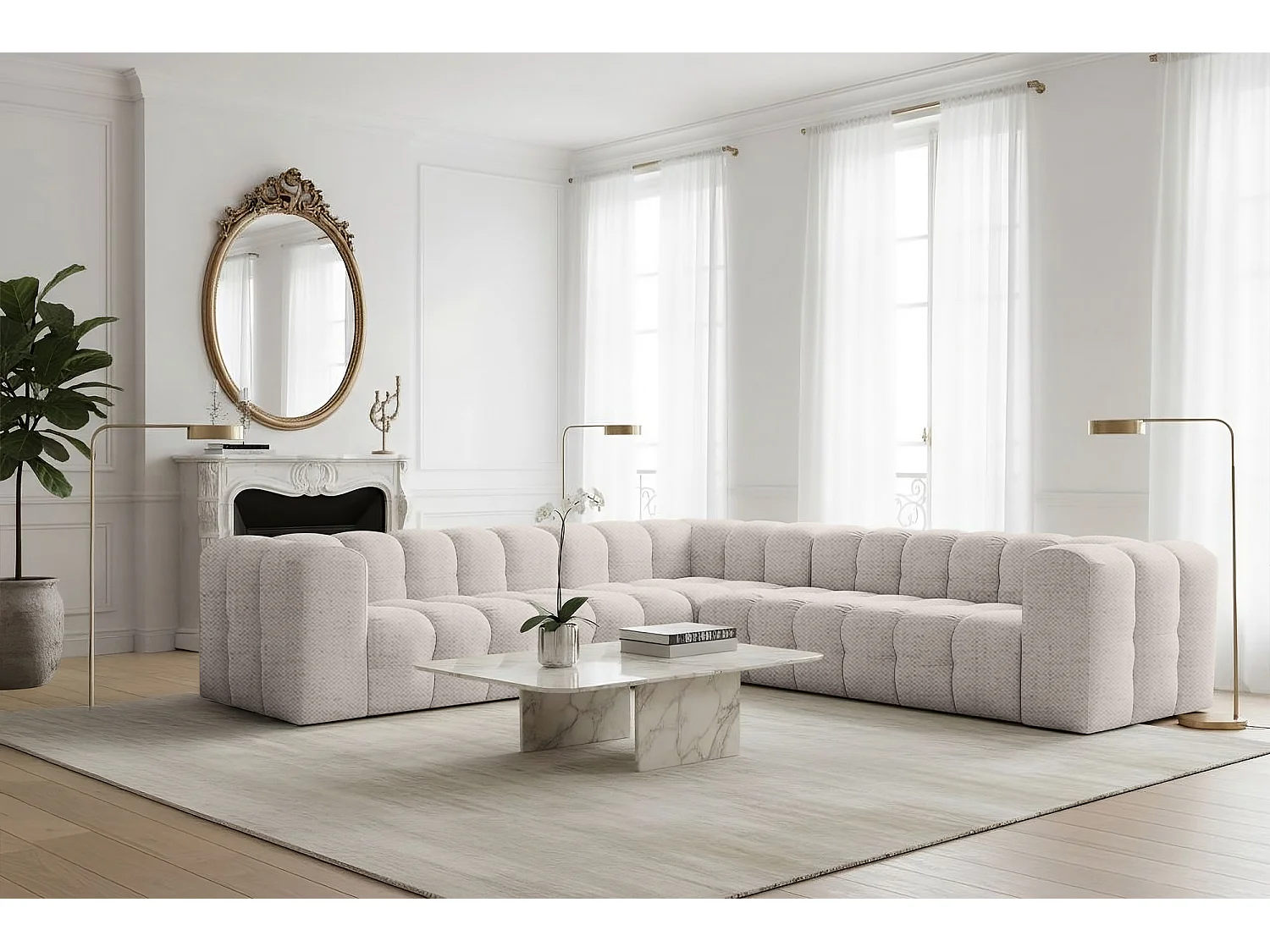 Narożnik Baloo Corner Średni, 6-osobowy, do salonu, tkanina Moly, krem