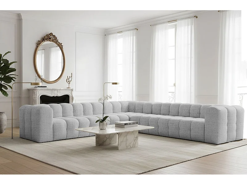 Canapé d'angle Baloo Corner Grand, 8 places, pour salon, tissu Moly, gris clair