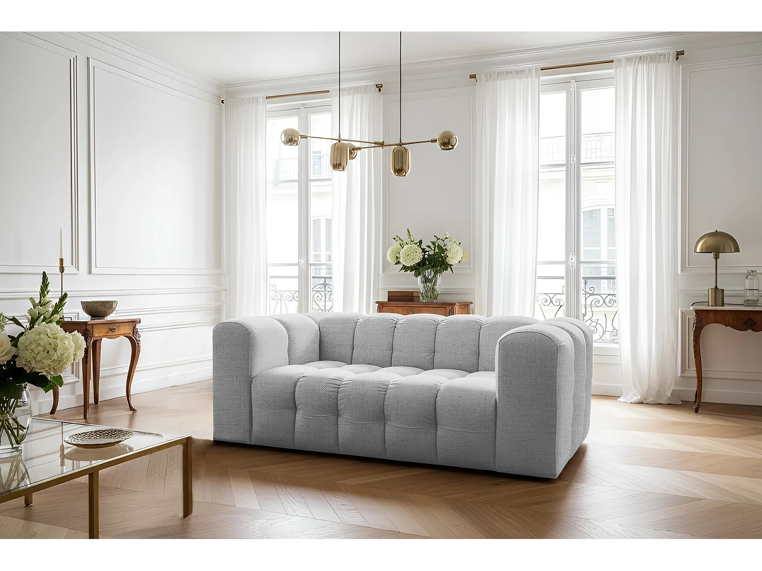 Sofa Baloo, 2-osobowa, do salonu, tkanina Moly, jasnoszary