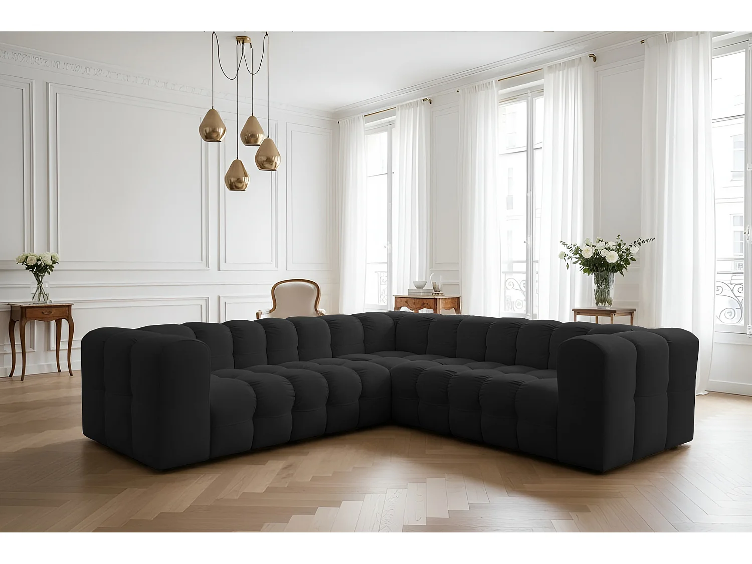 Narożnik Baloo Corner Mały, 6-osobowy, do salonu, tkanina Tiffany, czarny