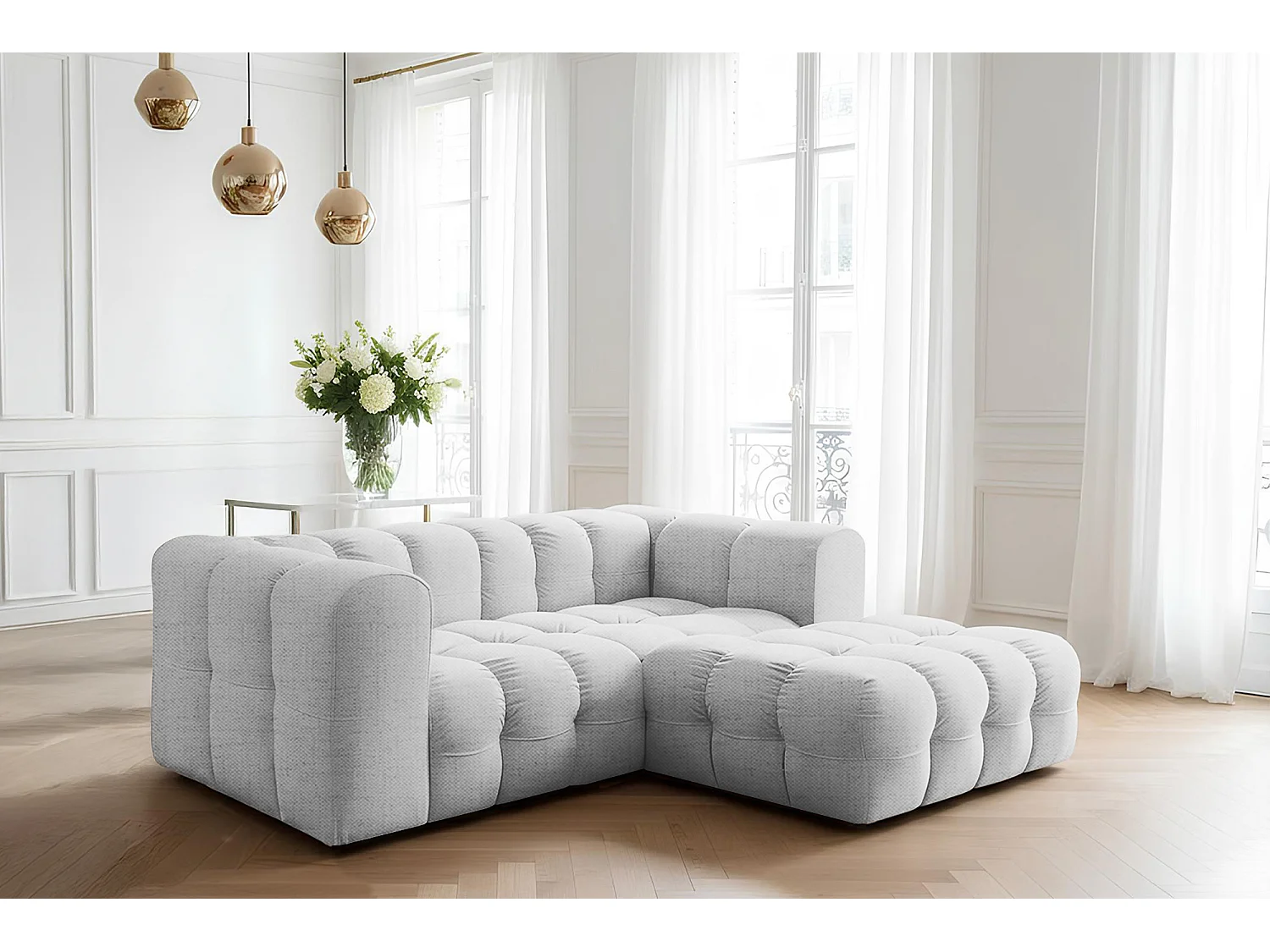 Narożnik Baloo L mini, do salonu, tkanina Moly, prawy, jasnoszary