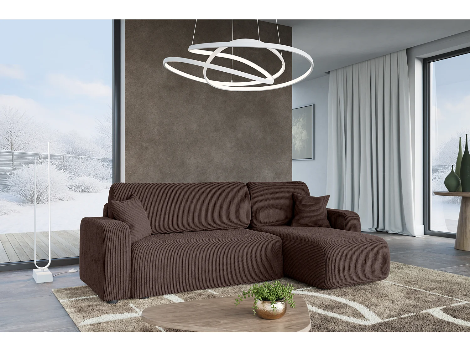 Canapé d'Angle réversible convertible avec fonction de couchage Piano L coffre universel en velours côtelé brun chocolat du fabricant - VINOTTI