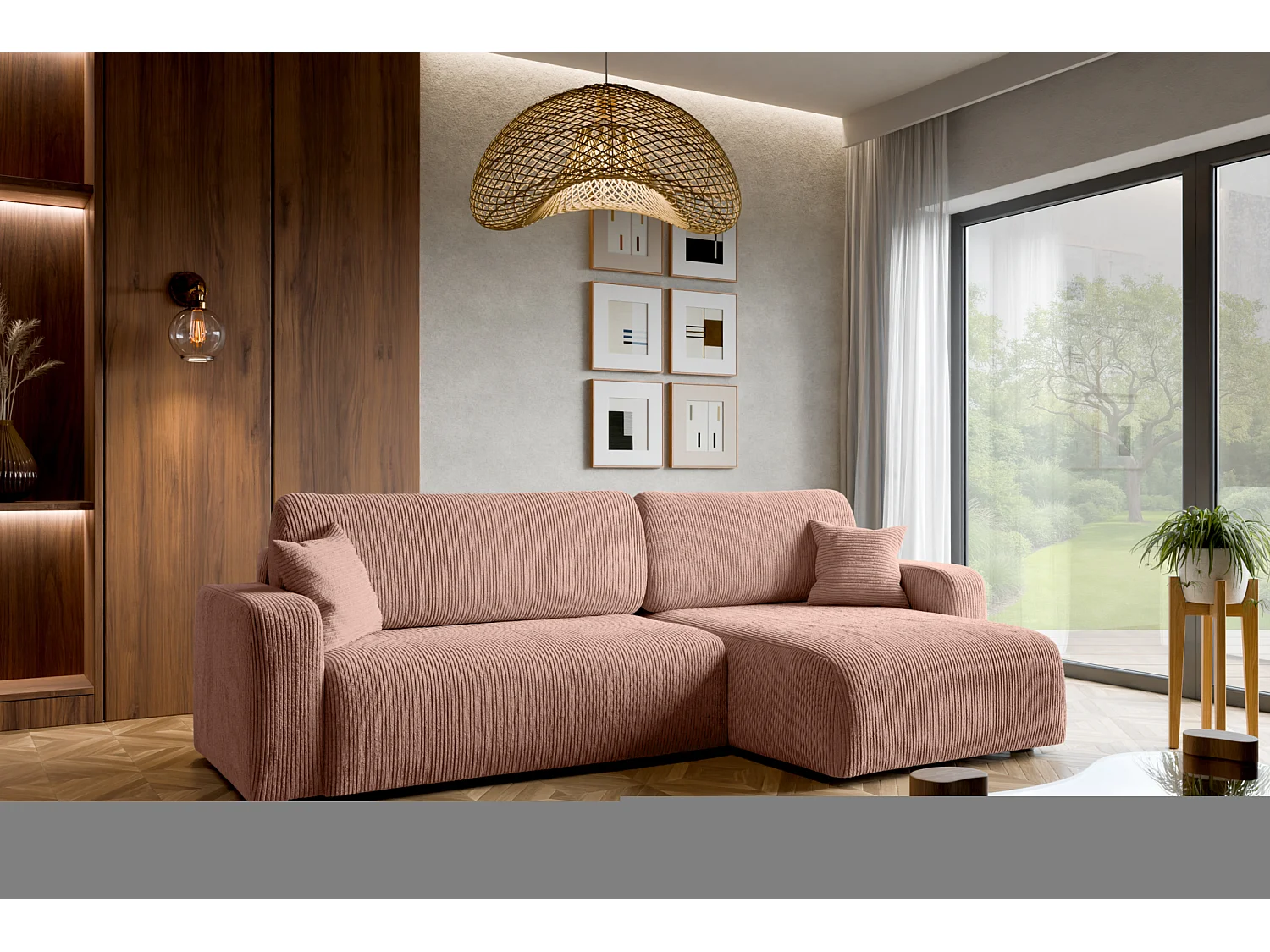 Hoekbank slaapbank Piano XL met slaapfunctie, universele opbergruimte, in poeder roze ribfluweel – van de fabrikant VINOTTI